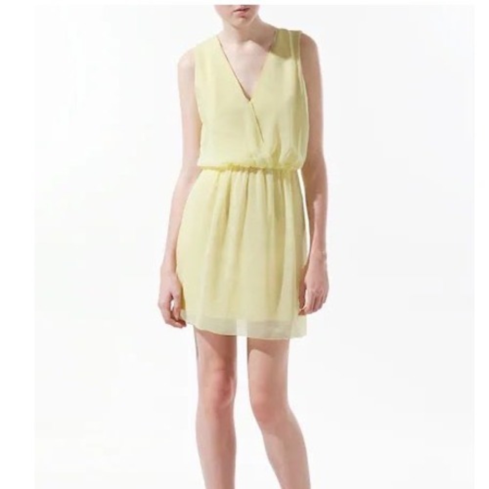 Zara Woman Butter Yellow Chiffon V-Neck Mini Dress Sleeveless XS